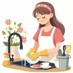 Woman Washing Dishes - Flat Style Illustration on White Background