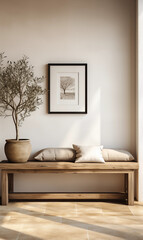 Minimalist Entryway Wooden Bench Olive Tree Framed Art