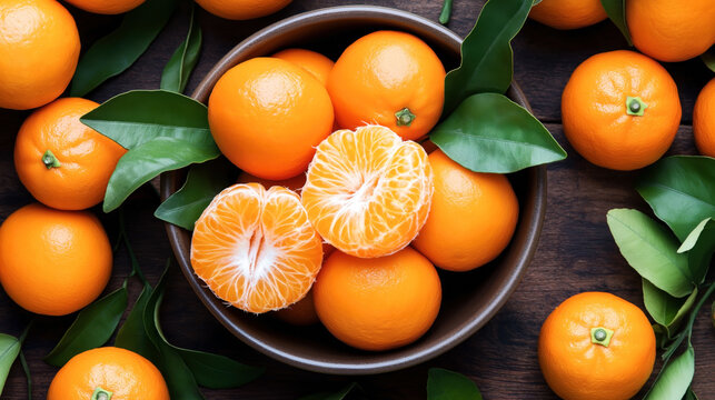 A bowl filled with fresh, whole, and peeled mandarins surrounded by green leaves on a wooden surface