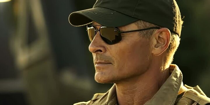Man in tan flight suit, wearing dark aviator sunglasses, facing left with black baseball cap Video