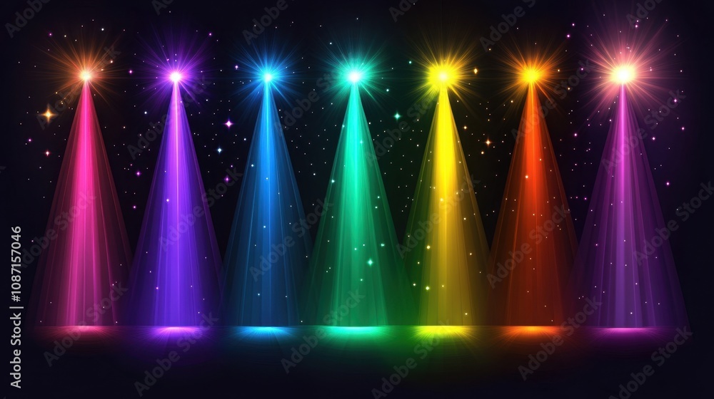 Poster colorful spotlight beams illuminating dark background with sparkling stars creating a dynamic and vi