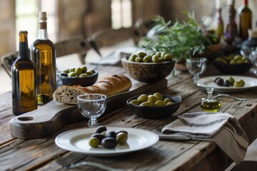 Rustic Table Set with a Variety of Olive Oils, Fresh Bread, and Green Olives Creating a Cozy Culinary Ambiance in a Warm, Natural Setting