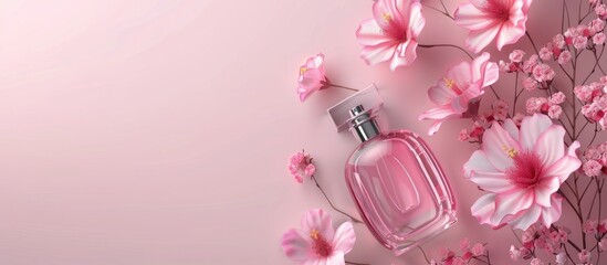 Perfume Bottle with Pink Flowers Minimalist Beauty Theme