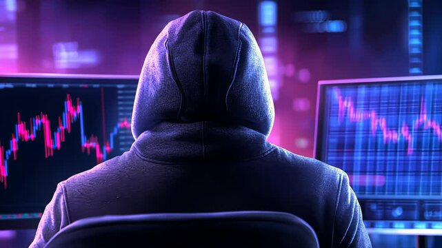 Mysterious trader analyzing stock market data at night with dual monitors in purple tones - Powered by Adobe