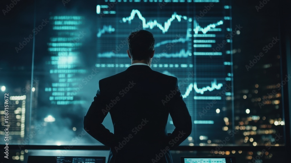 Aufkleber business professional analyzing stock market trends at night in high-tech office with digital data d