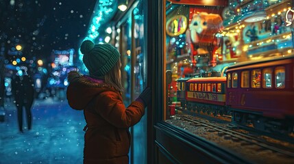 handpainted style, dark. young 7 year old girl from the back in a winter coat alone standing outside a fantasy toy store with hope and curiosity, night. generative ai