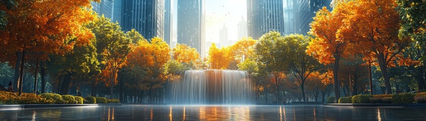 Naklejka premium Exploring a vibrant urban plaza surrounded by skyscrapers futuristic architecture nature eco-friendly design aesthetic viewpoint