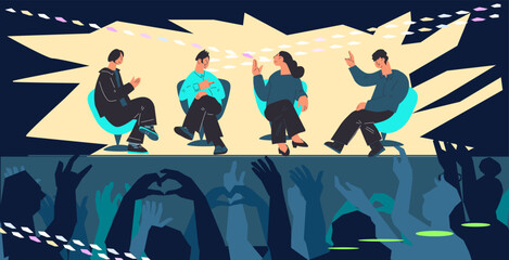 Talk shows or on-stage interviews, public events with expert speakers and audiences, flat vector illustration. Panelists on stage in conference room. Formal public discussion.