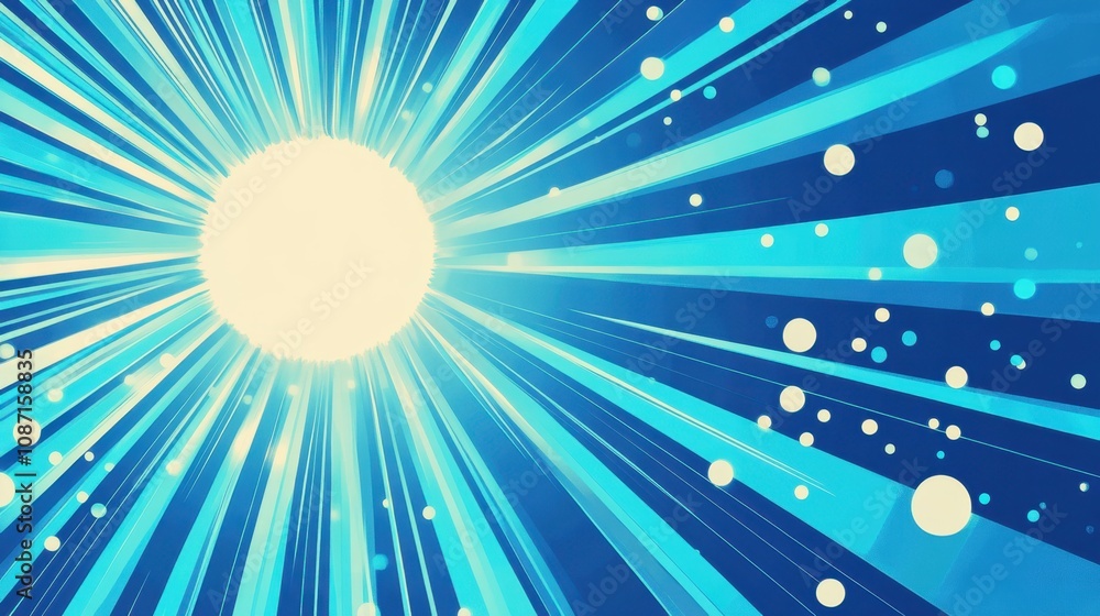 Poster bright abstract sunburst with rays and bokeh effects on blue background for energetic and dynamic vi