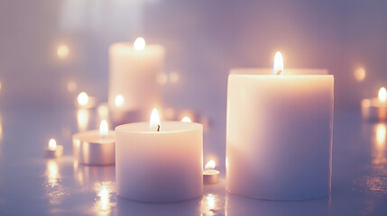candle in the middle of the frame, surrounded by smooth rocks and a vase with dried flowers on an empty table.
