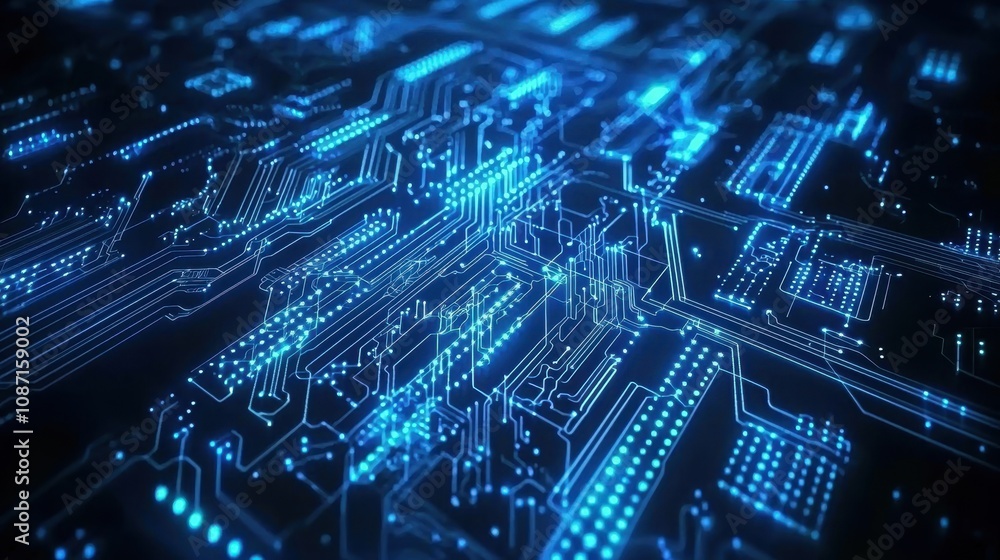 Poster exploring advanced circuitry design digital networks technology overview dark environment aerial per