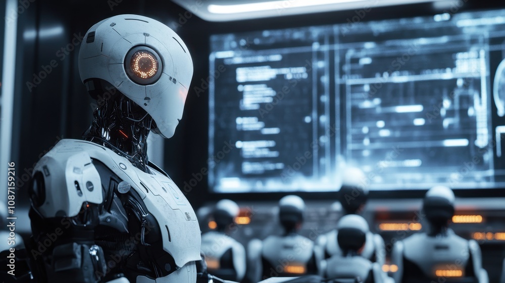 Poster futuristic humanoid robot in a high-tech lab environment, observing advanced data on a screen, with 