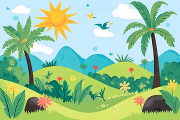 Fototapeta premium Beautiful landscape vector illustration of mountains, forests, fields and meadows. Stunning panoramic farm landscape with mountains in the background. Natural landscape