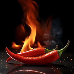 Fresh red chilies with a small fire effect at the tip