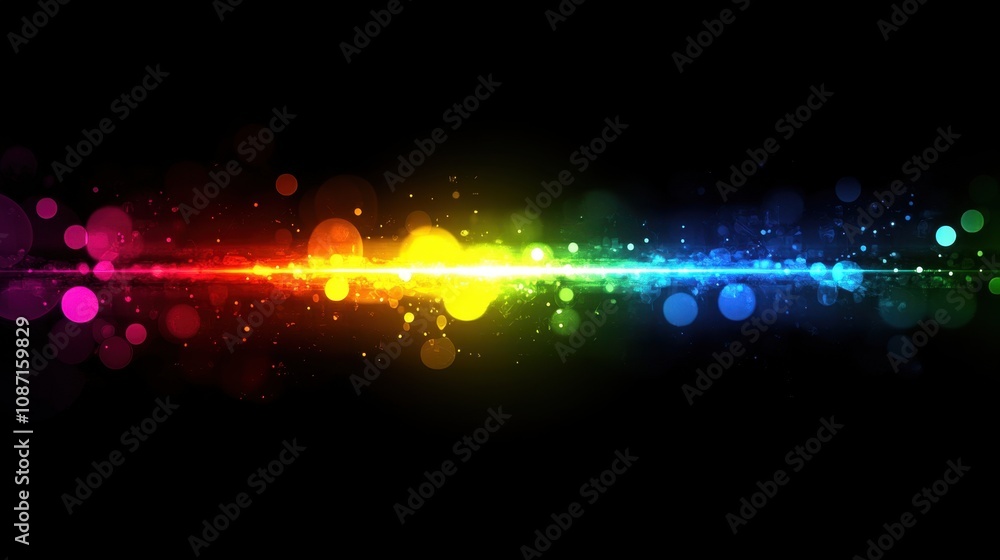 Poster vibrant colorful light spectrum with bokeh effect on black background, featuring a blending of rainb