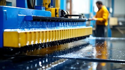 Fototapeta premium Close-up of a Blue and Yellow Industrial Machine with Water Droplets Falling onto a Shiny Surface in a Factory Setting