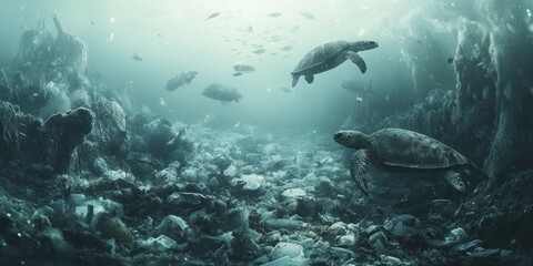 Fototapeta premium Two sea turtles swim through a sea of plastic debris
