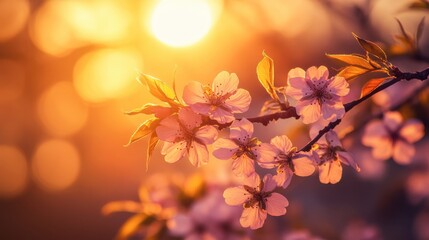 Fototapeta premium Cherry blossoms illuminated by soft evening light, their pink petals glowing against a golden sunset.