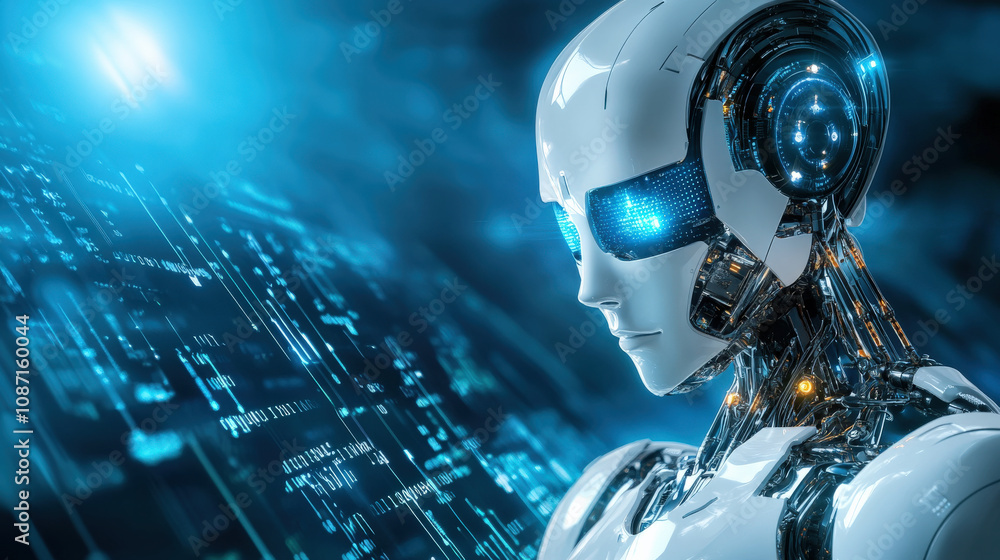 Aufkleber futuristic ai robot with glowing blue face, showcasing advanced technology and intricate design. rob