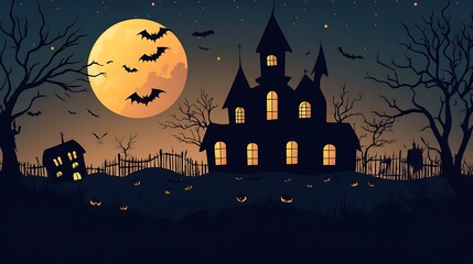 Haunted House with Full Moon and Bats
