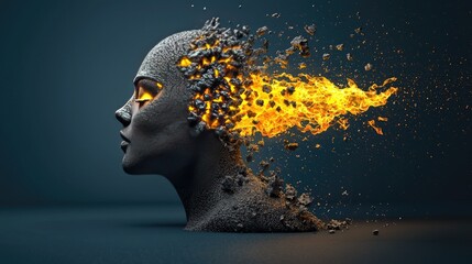 A surreal sculpture of a head dissolving into particles, emitting fiery flames, symbolizing transformation and creativity.