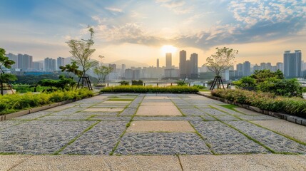 Empty square floor with city skyline background, Urban rhythm, cityscape vista pulsating with energy