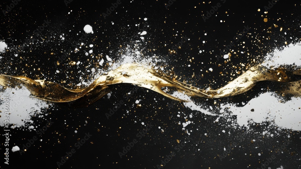 Poster Abstract Art with Gold Wavey Texture and White Powder on a Black Background, Creating a Luxurious and Elegant Visual Experience Ideal for Various Designs and Projects