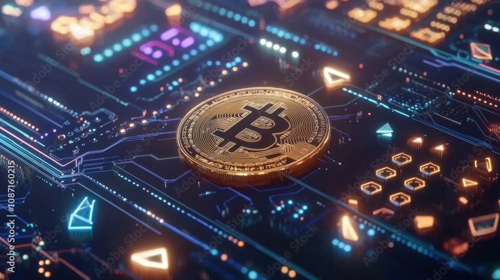 Aufkleber a close-up of a bitcoin on a vibrant circuit board background highlighting digital currency and bloc