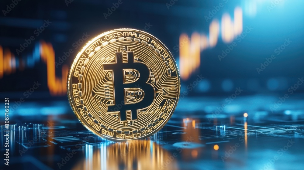 Poster golden bitcoin coin on digital circuit background with rising graph representing cryptocurrency mark