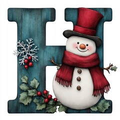 A snowman with a red scarf is sitting on a letter H