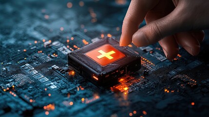 A hand touches a glowing microchip with a Swiss flag symbol, highlighting technology and innovation in a digital environment.