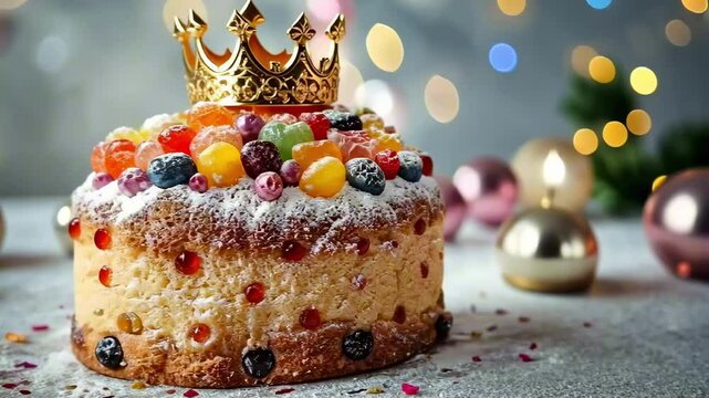 Festive Rosca de Reyes with glittering golden crown and candies, dusted with powdered sugar. Three Kings Day, Epiphany