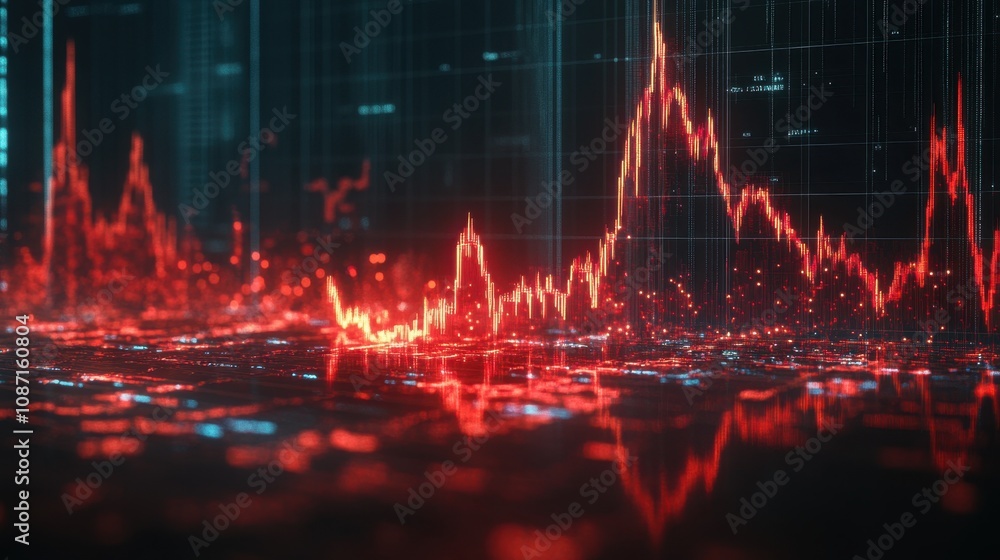 Poster abstract visualization of financial market trends with data streams and red peaks displaying volatil