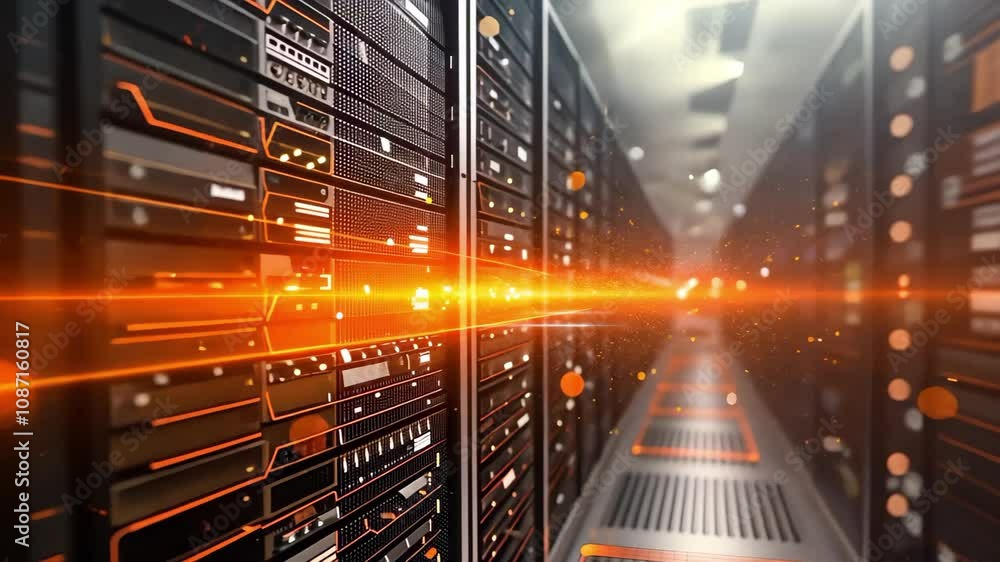 Aufkleber rows of data server racks illuminated with orange light, suggesting a technological or digital envir