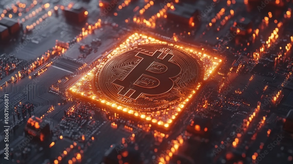 Aufkleber digital representation of bitcoin symbol embedded in computer circuitry with a glowing effect, highl