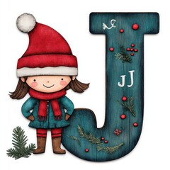 A girl in a red hat stands in front of the letter J