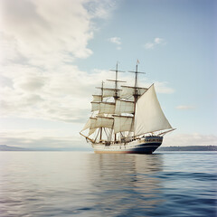 Majestic Tall Ship with Full Sails Gliding on Calm Waters Under a Soft Blue Sky and Gentle Clouds, Perfect for Nautical Themes and Seafaring Adventures