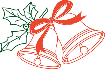 Two red bells with a red ribbon bow and green holly sprig. Simple line art style, festive Christmas imagery.