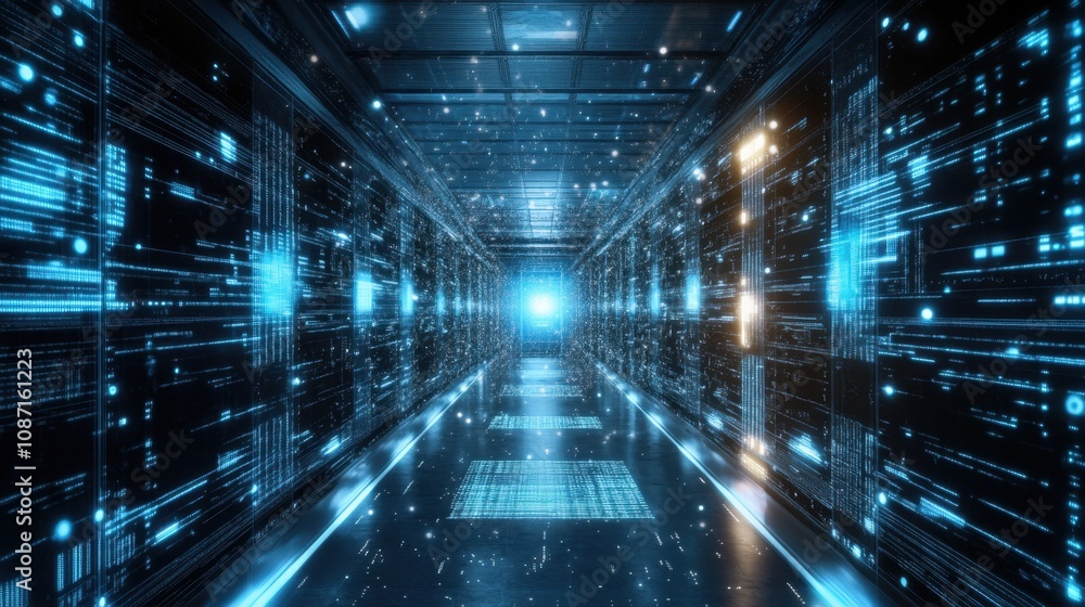 Poster futuristic data hallway with glowing lines and particles creating a vibrant technology background fo