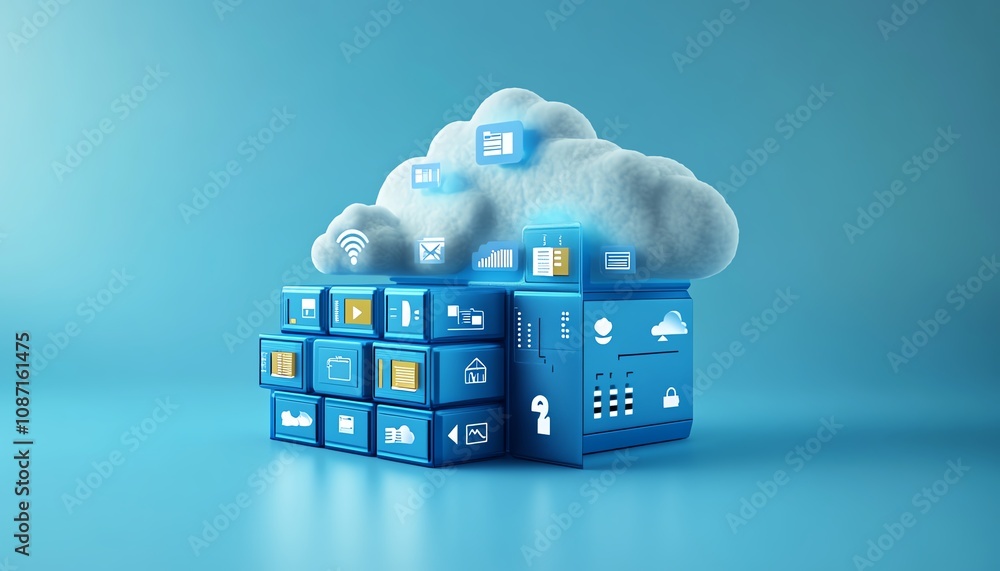 Poster 3drendered cloud storage concept with digital icons, representing data backup, security, and file sh
