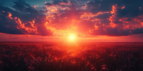 Fototapeta premium A breathtaking sunset casts a warm golden glow over a vast field of wildflowers, with dramatic clouds painted vividly across the expansive evening sky