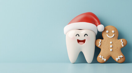 3D render of a cute tooth wearing a Santa hat standing beside a gingerbread man  solid dark green felt background with snowy accents whimsical holiday themes, dental health, or seasonal decorations