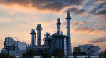 Natural Gas Combined Cycle Power Plant ,Gas turbine electrical power plant with in Twilight power for factory energy concept.