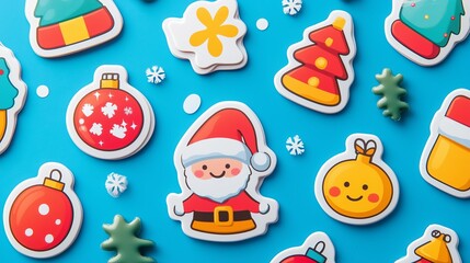 A blue background with a variety of Christmas themed stickers, including a Santa Claus and a Christmas tree