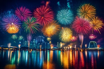 Fototapeta premium Bangkok cityscape. Bangkok night view Fireworks, New Year's star event 
