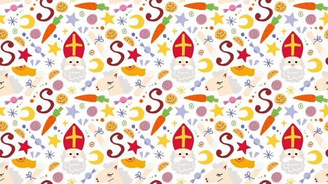 Bright colored background, looping animation, moving diagonally upward. Symbols of St. Nicholas Day, Sinterklaas.