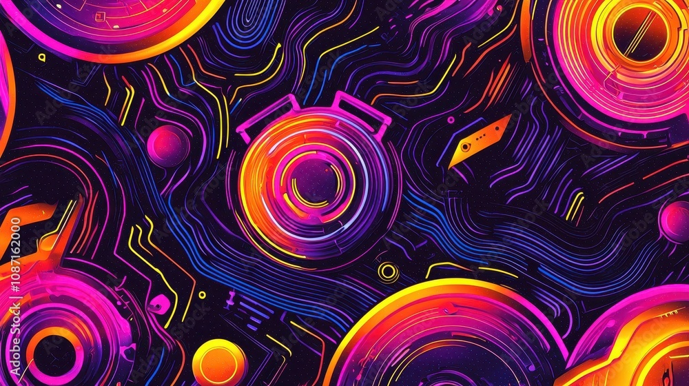 Poster dynamic abstract art featuring colorful circular patterns digital medium vibrant background modern d