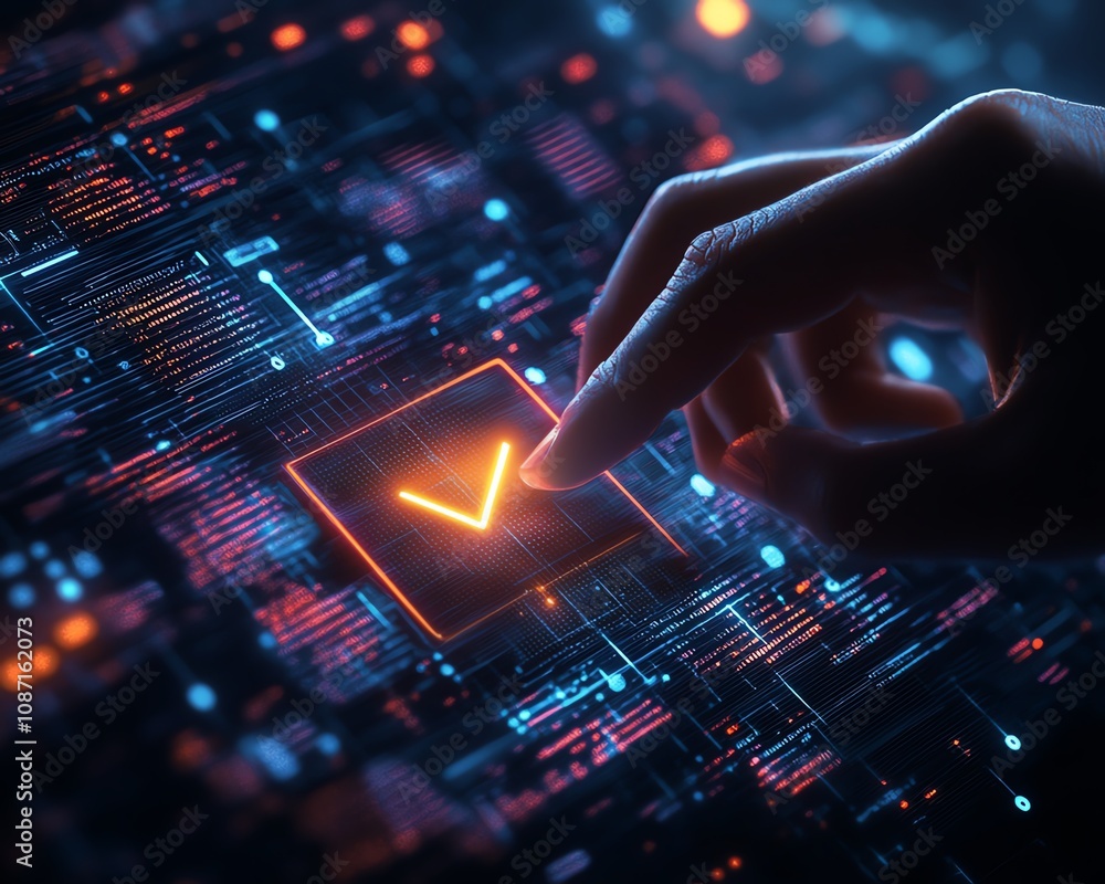 Poster 3drendered person interacting with a glowing digital checkbox on a holographic interface, dark backg