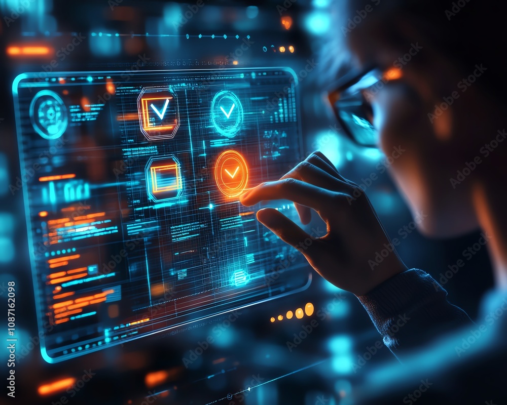 Poster 3drendered person interacting with a glowing digital checkbox on a holographic interface, dark backg