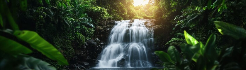 Obraz premium Stunning lush tropical waterfall cascading abundantly through vibrant greenery in a serene paradise.